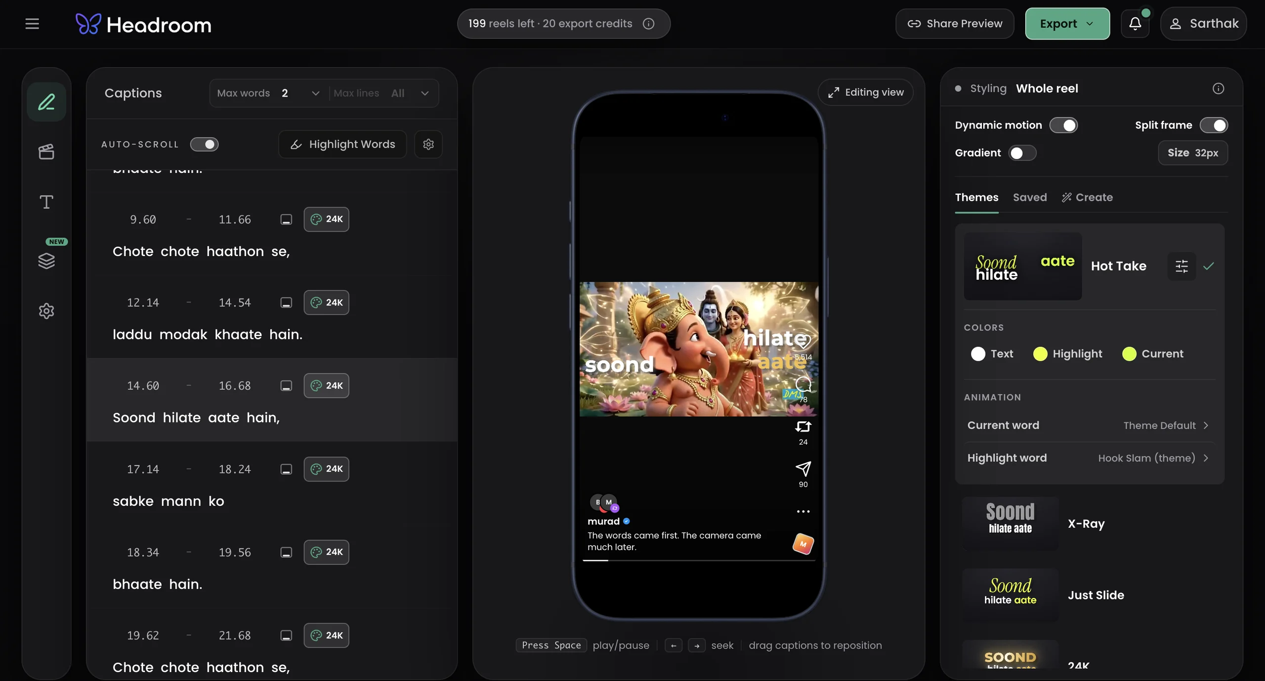 The Headroom editor: caption list, preview stage, styling panel and timeline