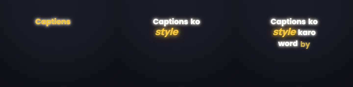Three frames of Headroom Aura style rolling captions with a warm glow following the current word