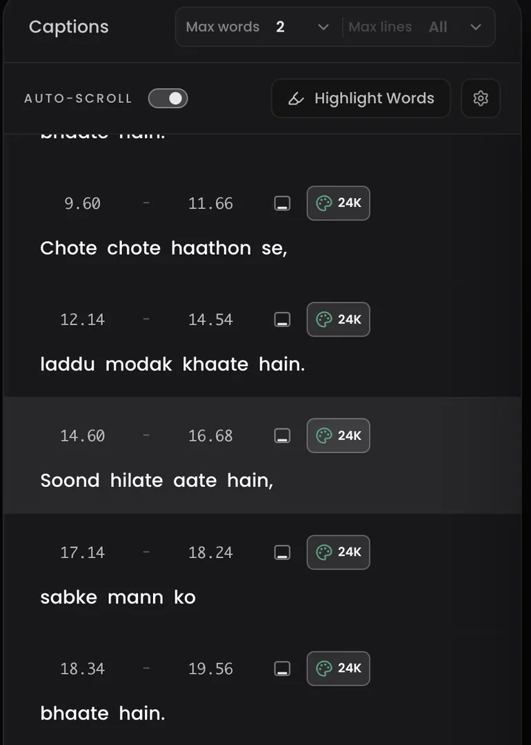 The Headroom caption list in the editor, showing each caption with its own timing