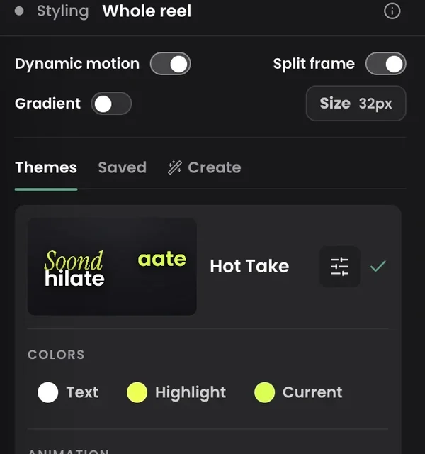 The Headroom styling panel showing the Dynamic motion and Split frame toggles above the Themes list