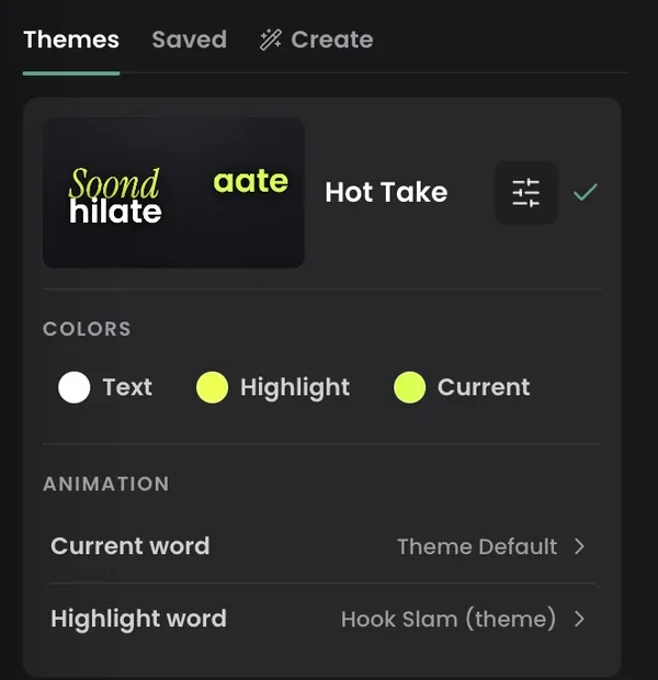 The Themes panel inside the Headroom editor showing the highlight and current-word color controls